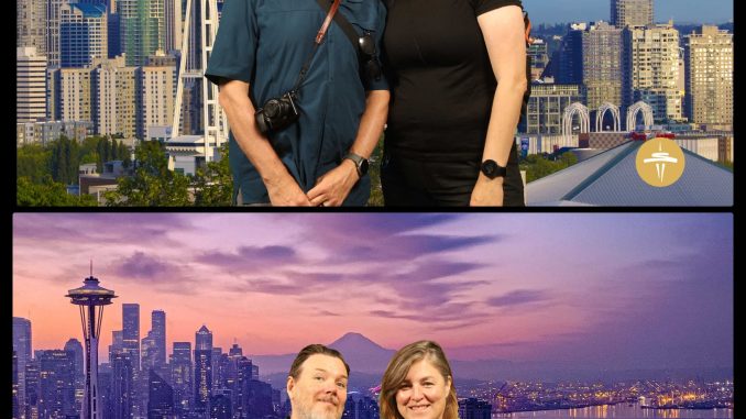 On a convenient hilltop, one can get a stunning view of the Seattle Skyline, including Mt Rainier. At dusk, we climbed back and stroke identical poses. Honestly.